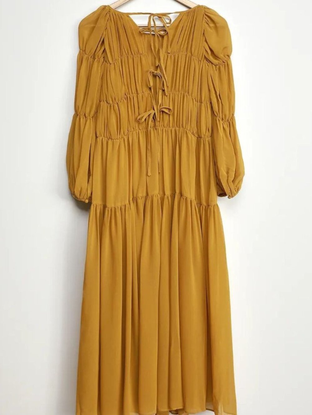 Terni Mustard Yellow Long Sleeve Pleated Tiered Midi Dress